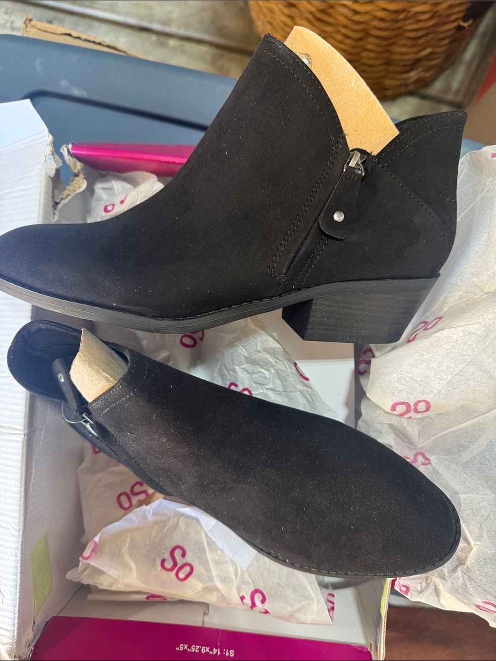 SO Black Suede Ankle Booties with Low Block Heel